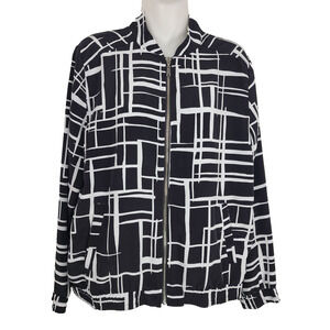 Susan Graver Printed Peachskin Zip Front Bomber Jacket Geometric Black Medium